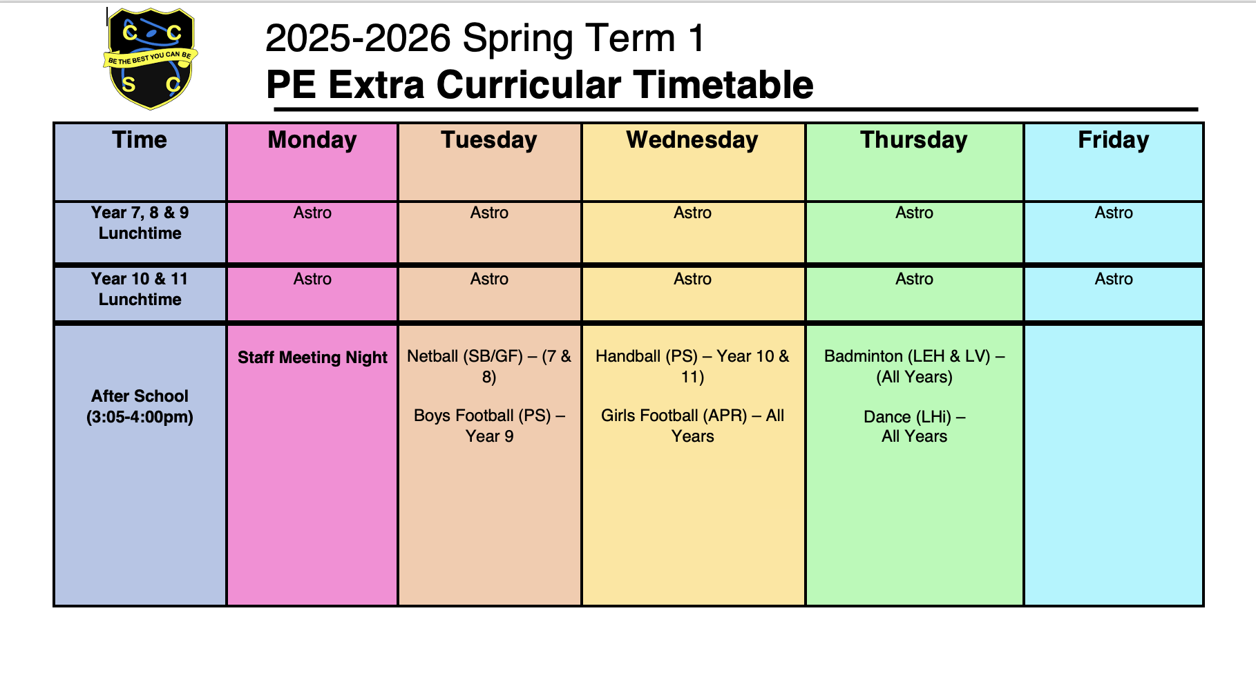 Extra Curricular Timetable Spring Term 1